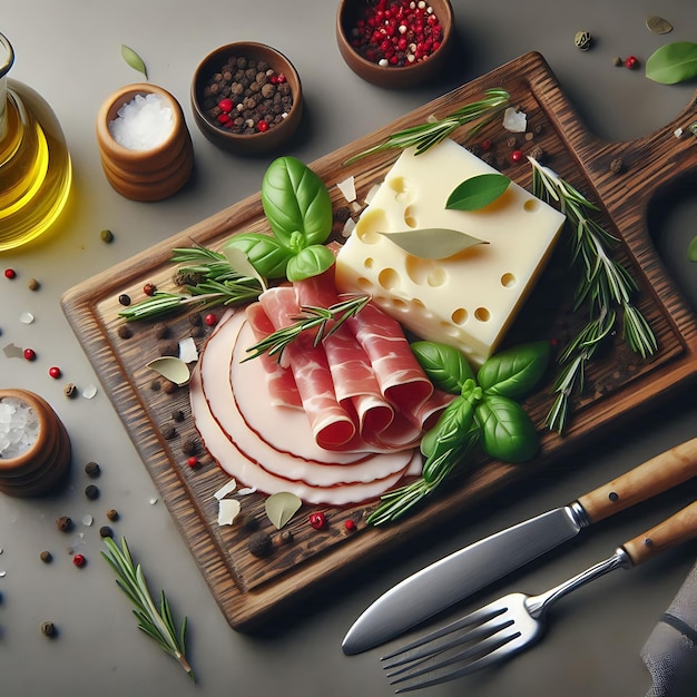 Vector a table with food and a person is eating a cheese and a bottle of olive oil