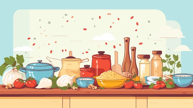 Vector a table with food and a picture of a kitchen scene