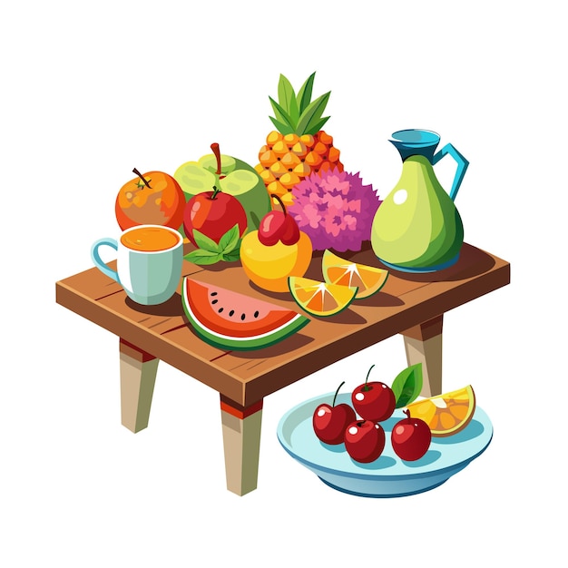 a table with fruits and a cup of coffee