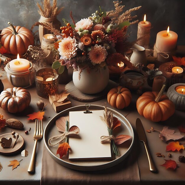 Vector a table with a plate of pumpkins flowers and a plate with a napkin on it