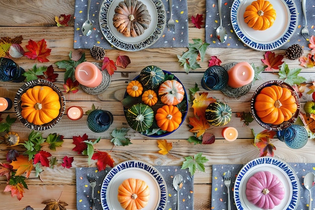 a table with plates pumpkins and pumpkins on it