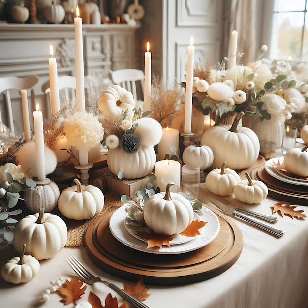 Vector a table with a table full of pumpkins and candles