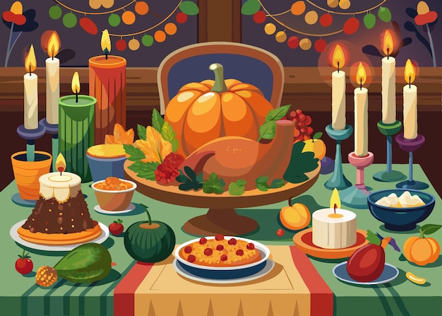 Vector a table with a table with a plate of food and a plate of pumpkins on it