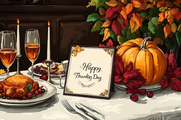 a table with a table with a plate of thanksgiving and a sign that says happy thanksgiving