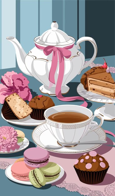 Vector a table with tea and a teapot and a cake on it