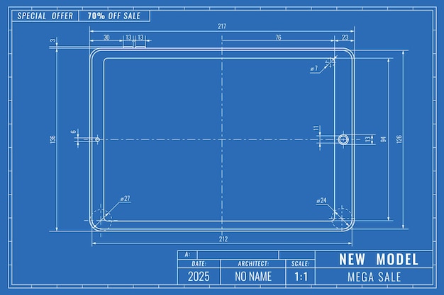 Tablet as technical blueprint drawing Device sale technical concept Mechanical engineering drawings