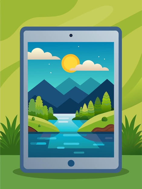 Tablet Displaying a Mountain Landscape with a River