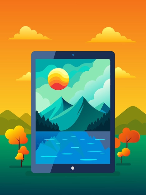 Tablet Displaying Mountain Landscape with Sunset