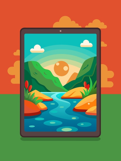 A tablet displaying a scenic image of a river flowing through a valley