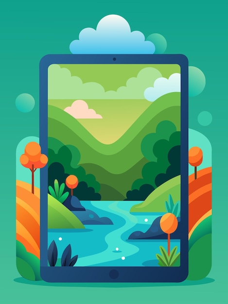 Tablet Displaying a Scenic Landscape with a River Winding Through Green Hills