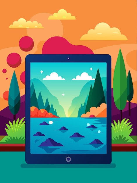 Tablet Displaying a Scenic Mountain Lake Landscape