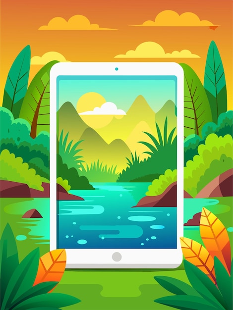 Tablet Displaying a Scenic Mountain Landscape with a River