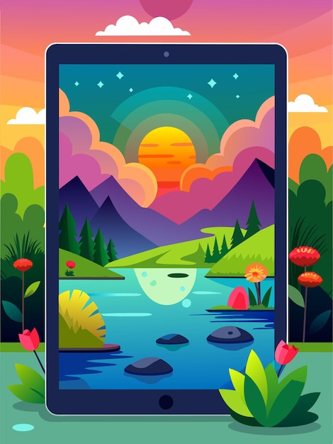 Tablet Displaying a Scenic Sunset Landscape with a River and Mountains