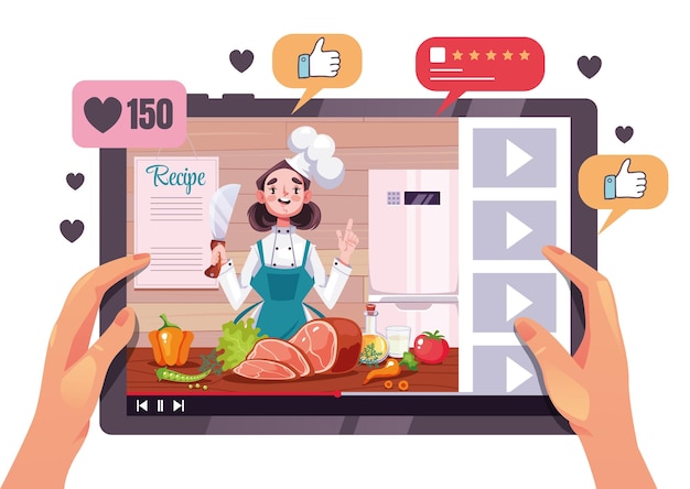 Vector tablet in hand cook class vector virtual show food cooking tutorial tv lesson video online concept