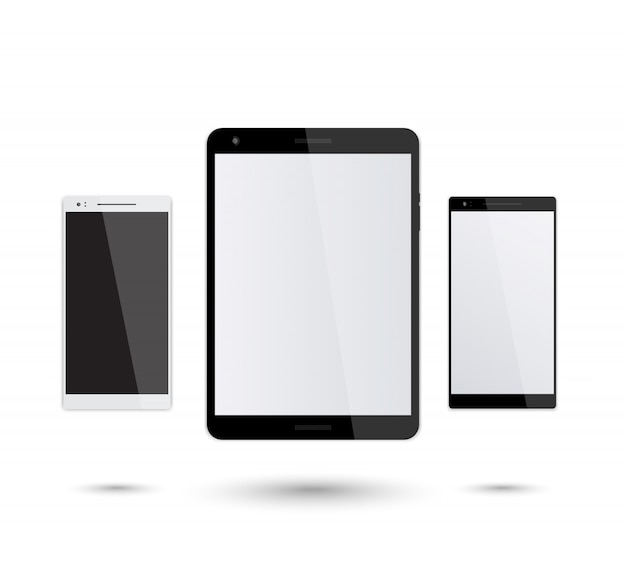 Tablet and smartphones mockup on white, silver and black smartphone, modern black tablet, illustration