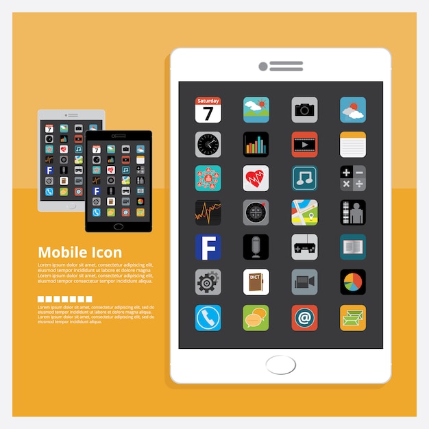 Tablet with Icon Design Set Vector Illustration