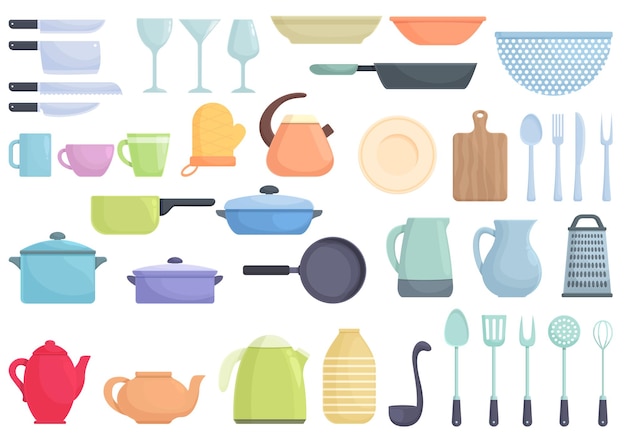 Tableware icons set cartoon vector Glass tea