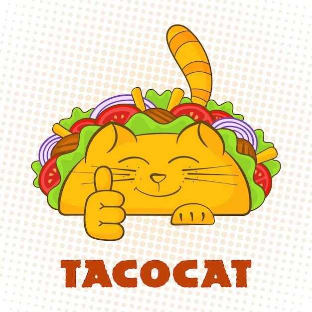 Taco cat cheerful character fast food taco symbol vector illustration. Satisfied cat mascot with tasty beef meat, salad and tomato in mexican taco with sign Tacocat for social media promotion