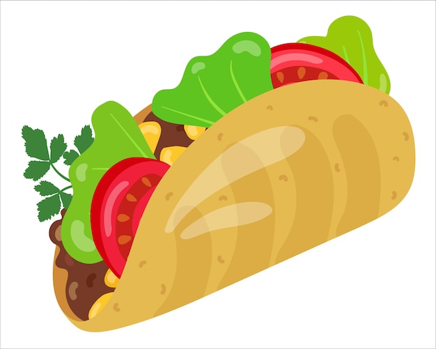 Taco with meat and vegetables Mexican street food Hand drawn vector illustration