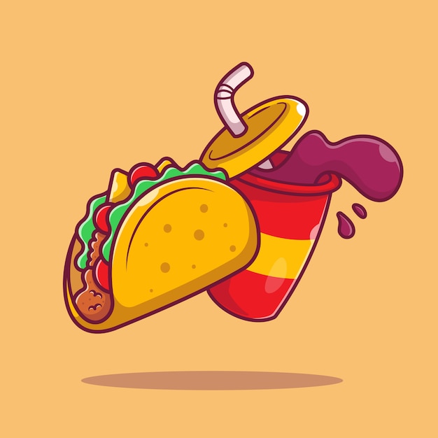 Taco With Soda Cartoon   Icon Illustration. Mexico Food Icon Concept Isolated  . Flat Cartoon Style