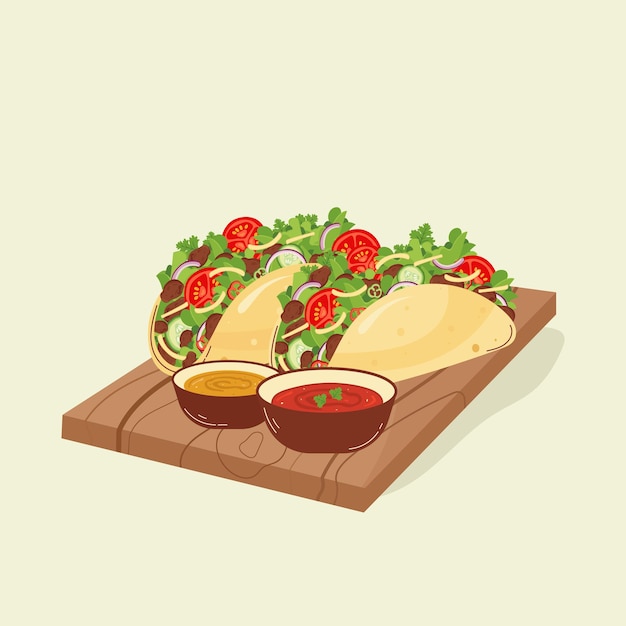 Tacos on a wooden board with sauces a Mexican dish Latin American food Vector illustration