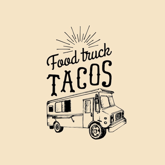 Vector tacoshot and tasty logo vector vintage mexican food truck iconretro hand drawn hipster street snack car illustration