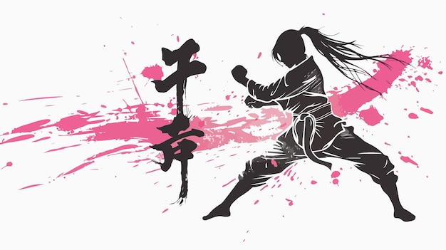 Taekwondo Girl Pink Black Stencil Silhouette Drawing