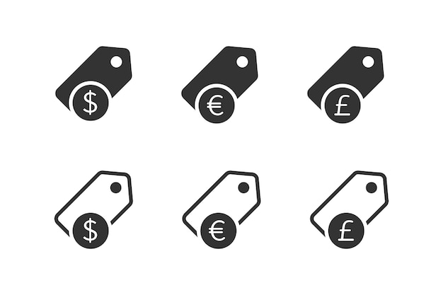 Tag price icon set Sale icons with dollar euro and pound symbols Flat vector illustration