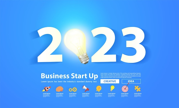 Tags number 2023 new year design with creative light bulb idea Inspiration business plan concept Vector illustration modern layout template