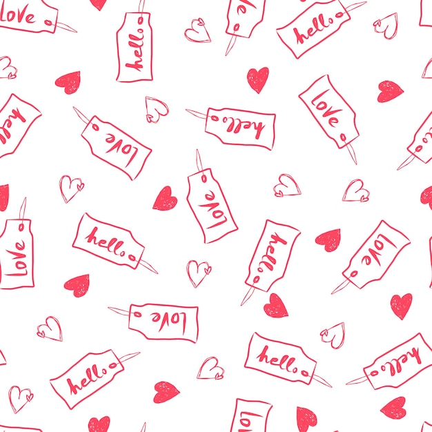 Tags with ropes with the inscription love and hello hearts vector seamless pattern