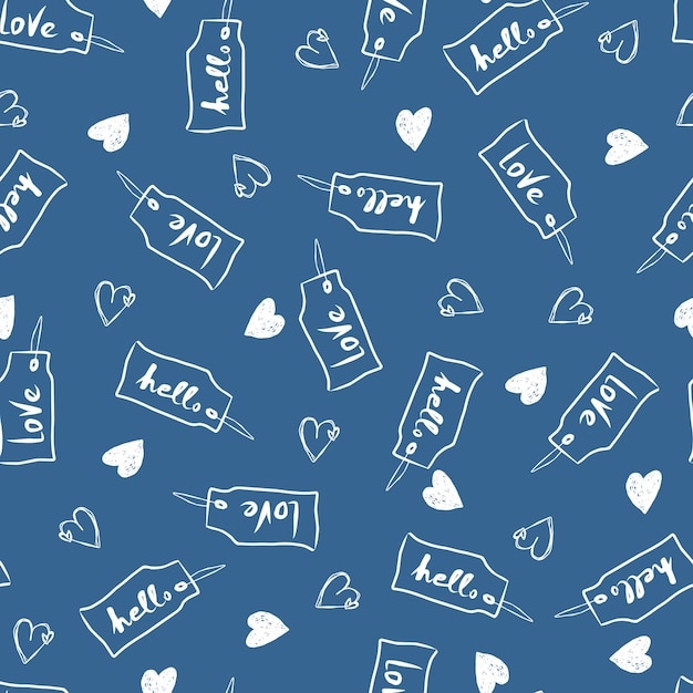 Tags with ropes with the inscription love and hello hearts vector seamless pattern