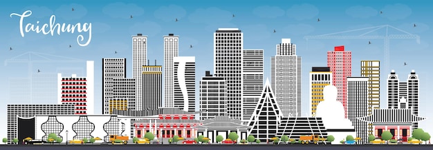 Taichung Taiwan City Skyline with Gray Buildings and Blue Sky. Illustration