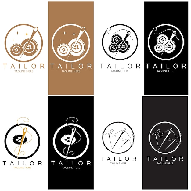 Tailor logo icon illustration template combination of buttons for clothes, thread and sewing machine