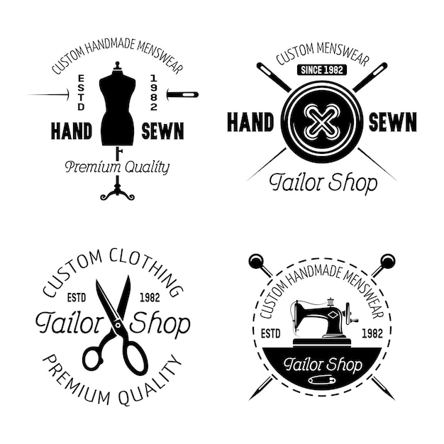 Tailor shop set of four vector monochrome emblems labels badges or logos isolated on white background