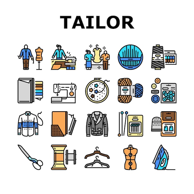 Tailor Worker Sewing Occupation Icons Set Vector