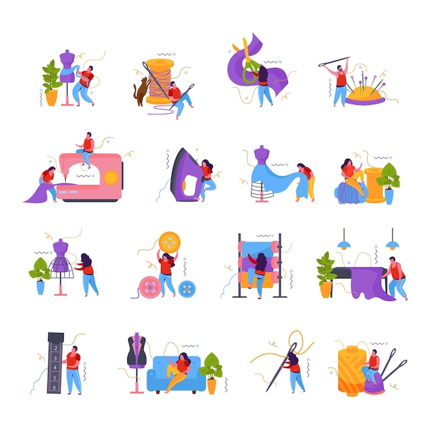 Tailoring set of flat icons with isolated images of needles stitching accessories sewing machines and people vector illustration