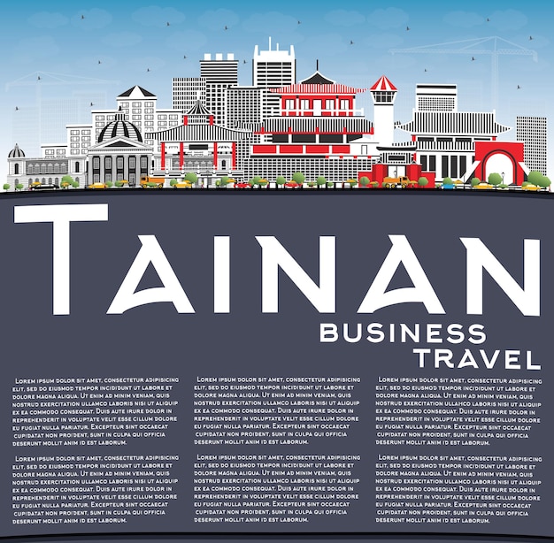 Tainan Taiwan City Skyline with Gray Buildings, Blue Sky and Copy Space. Vector Illustration. Business Travel and Tourism Concept with Historic Architecture. Tainan Cityscape with Landmarks.