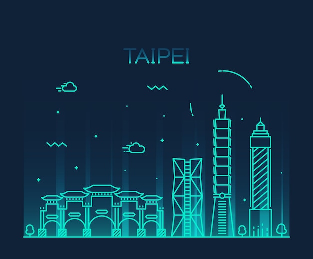 Taipei skyline (Taiwan), big city architecture, vintage engraved illustration