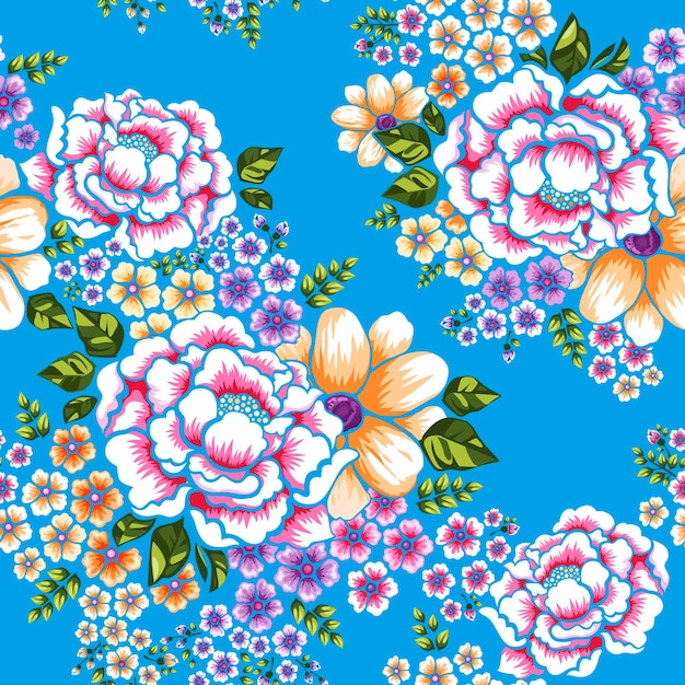 Taiwan Hakka culture floral seamless pattern over blue