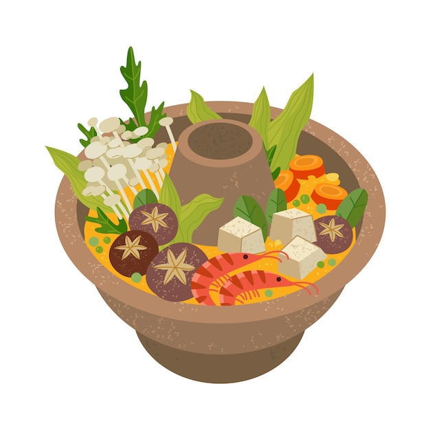 Taiwanese traditional holiday food. Reunion dinner. Seafood, mushrooms and broth. Delicious hot pot for celebration. Happy Chinese New Year. Vector food illustration in flat style