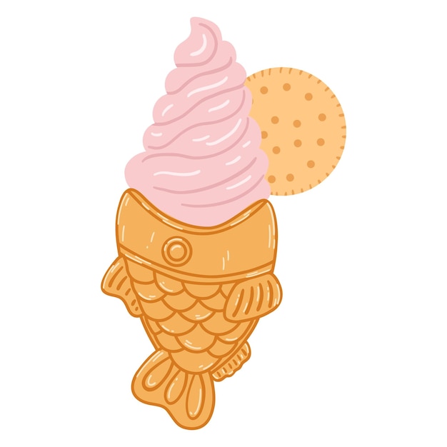 Taiyaki fishshaped ice cream cone in cartoon flat style Hand drawn vector illustration of traditional Japanese food sweet dessert