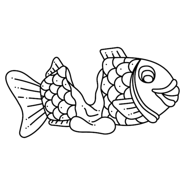 Taiyaki single doodle2 Cute Asian sweet stuffed fish Cartoon white and black vector illustration