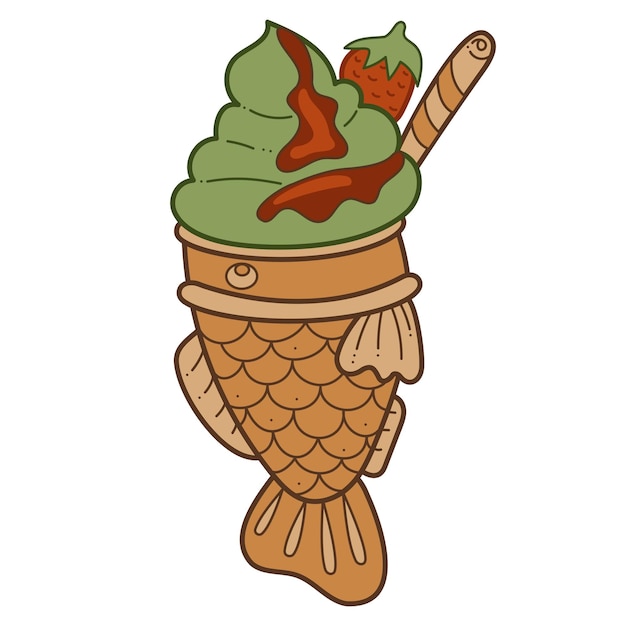 Taiyaki single doodle7 Cute Asian sweet stuffed fish with ice cream Cartoon color vector illustration