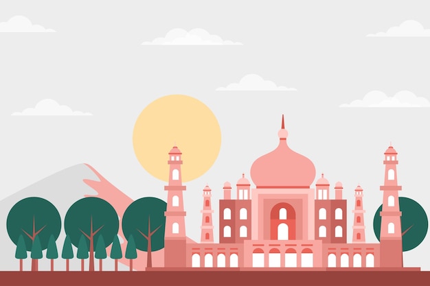 Taj Mahal Building &amp; Landscape Illustration - Famous Landmark