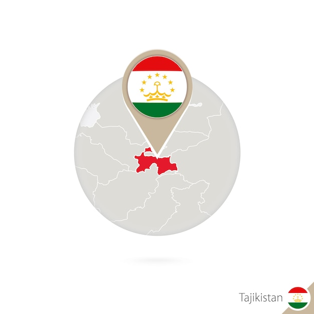 Tajikistan map and flag in circle. Map of Tajikistan, Tajikistan flag pin. Map of Tajikistan in the style of the globe. Vector Illustration.