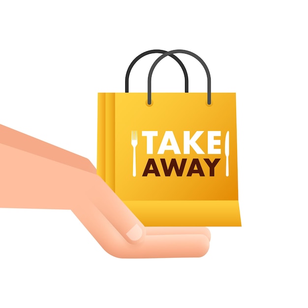 Take away Bag and hand sign label Take out food icon Vector stock illustration