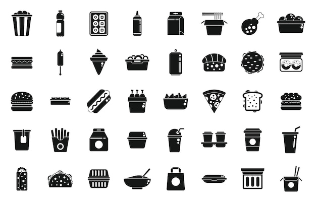 Take away food and drinks icons set simple vector Burger cinema