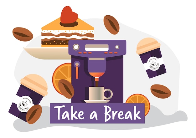 Take break, coffee machine with beverage and cake