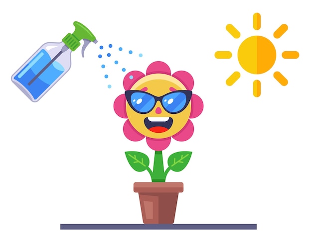 Take care of the flower. joyful plant in a pot. flat vector illustration.