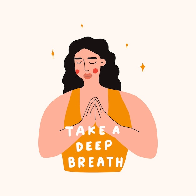 Take a deep breath Young girl meditating Hand drawn vector illustration